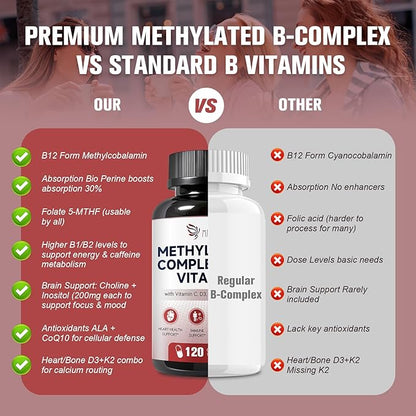 Methylated Multivitamin B-Complex with Vitamin C, D3, K2, Choline & Inositol – Active B12, B6 & Folate (L-5-MTHF) – Supports Energy, Nerve & Heart Health – CoQ10 & Alpha Lipoic Acid – 120 Capsules