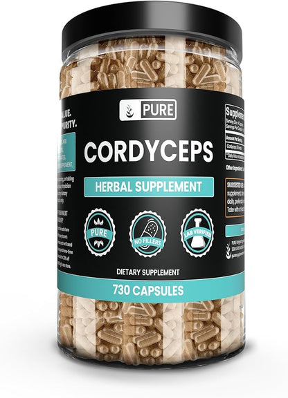 PURE ORIGINAL INGREDIENTS Cordyceps (730 Capsules) No Magnesium Or Rice Fillers, Always Pure, Lab Verified