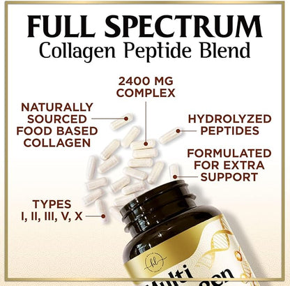 Collagen Peptides for Women – 2400mg Per Serving – Multi Collagen Capsules with Types I, II, III, V & X – Hydrolyzed Collagen Supplement Vital Hair, Skin, Nails, Joints & Bones Support – 60 Capsules