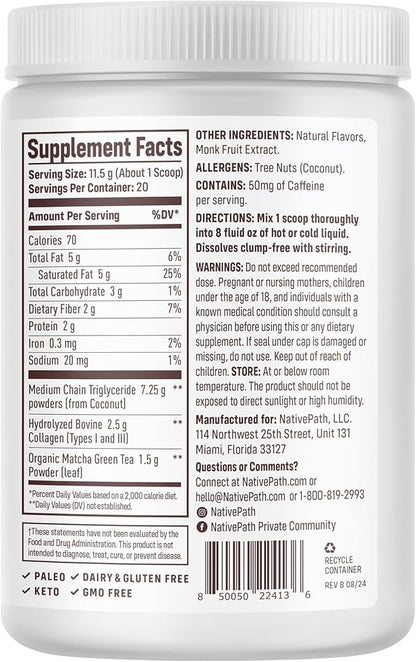 NativePath Collagen Peptides - Hydrolyzed Type 1 & 3 Collagen. Keto & Paleo Grass-Fed Protein Powder for Hair, Skin, Nails, Bones, Joints, Digestion and More - No Gluten or Dairy (Matcha Latte, 230g)