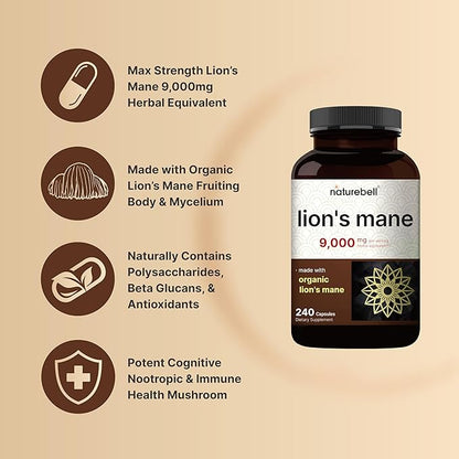 Lions Mane Mushroom Supplement Capsules 9,000mg, 240 Capsules | 120 Days Supply – Made with Organic Lion’s Mane Powder Extract – Cognitive Brain Nootropic & Immune Health Support – Non-GMO