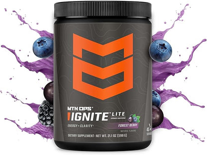 MTN OPS Ignite Lite Energy Drink Powder Gluten Free Nitric Oxide Supplement Drink Mix, L Arginine, L Citrulline, Caffeine & Nootropic Sugar Free Drink Mix, 45 Servings, Forest Berry