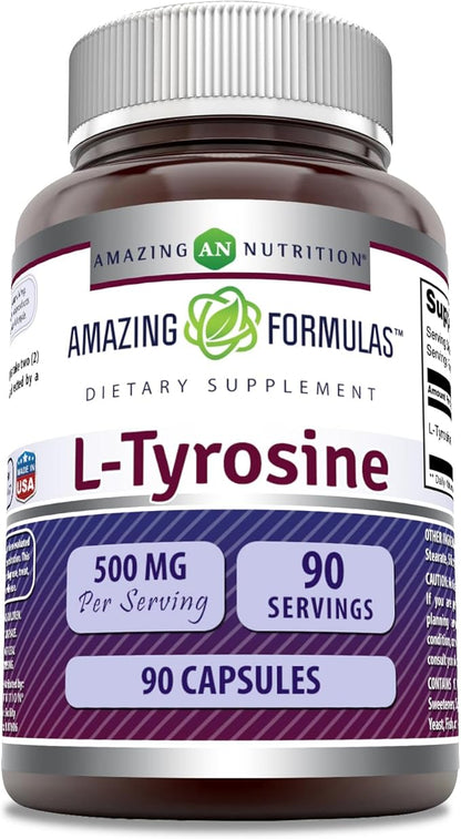 Amazing Nutrition Formulas L-Tyrosine 500 Mg | 90 Capsules | Amino Acid Supplement | Non-GMO | Gluten Free | Made in USA