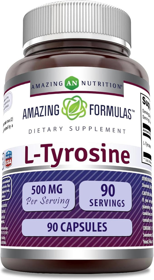 Amazing Nutrition Formulas L-Tyrosine 500 Mg | 90 Capsules | Amino Acid Supplement | Non-GMO | Gluten Free | Made in USA