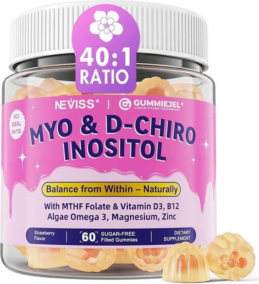 Sugar Free Inositol Gummies - Myo-Inositol & D-Chiro Inositol Supplement 2000mg + 50mg Plus Methylfolate, Vitamin D3, B12, Algae Omega 3, Magnesium & Zinc Support Hormone Balance for Women, 40:1 Ratio