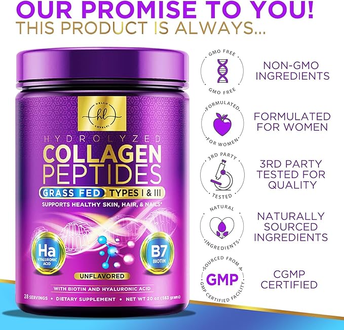 Collagen Peptides Powder - Unflavored Grass Fed Collagen Powder Type I & III Collagen Supplements with Hyaluronic Acid & Biotin - Women's Hair, Nail, Skin, Bones & Joint Health Support - 28 Servings