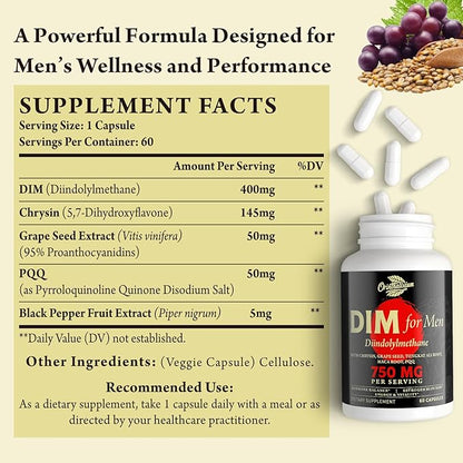 DIM for Men 750MG – Hormone Balance, Estrogen Support for Men, DIM Supplement, Detox, Vitality & Fitness Performance–Chrysin & Black Pepper Extract, 60 Capsules (1 Bottle)