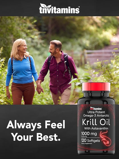 Antarctic Krill Oil 1000mg - 120 Softgels with Astaxanthin | 1000mg Red Krill Oil, 200 mg Phospholipids, 120 mg EPA, 80 mg DHA, 200 mcg Astaxanthin | Potent & Pure Omega-3 Cold Water Antarctic Krill