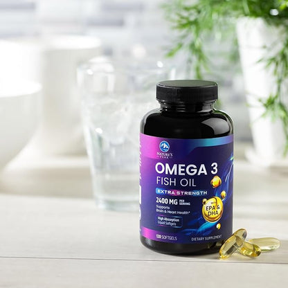 Omega 3 Fish Oil 2400 mg Supplement, Sustainably Sourced, Triple Strength Omega-3 Supplement Softgels, Brain Health Support, EPA & DHA Fish Oil Fatty Acids Supplements, Gluten & GMO Free, 120 Softgels