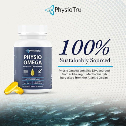 Physio Omega - Omega 3 Supplement - Sustainably Sourced - with DPA, EPA, and DHA - Burpless Fish Oil - 4 Pack