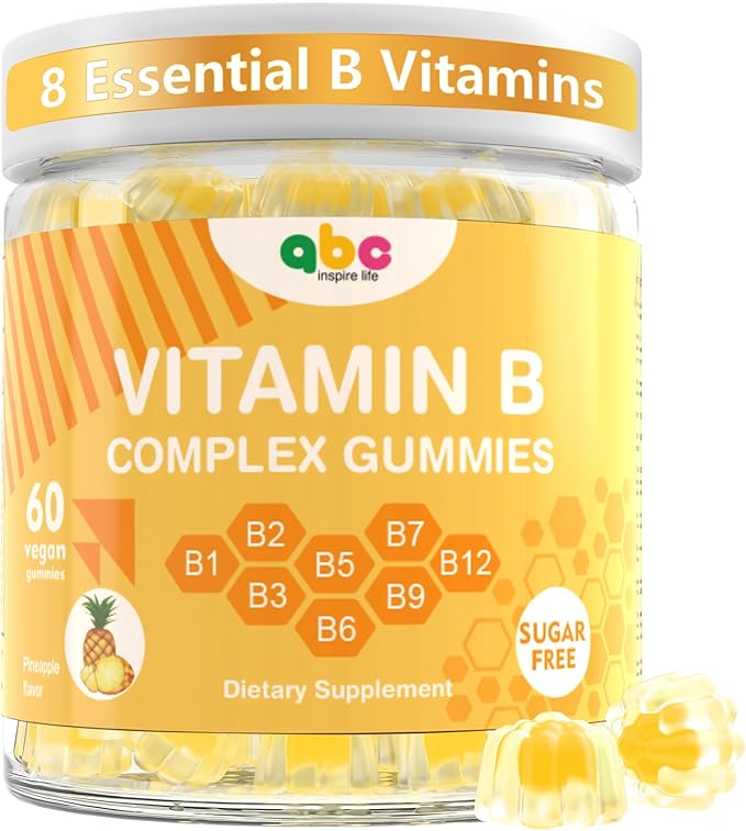 Vitamin B Complex Gummies for Adult Kid-Pineapple Flavor-Chewable Supplement with 8 Essential B Vitamins (B1, B2, B3, B5, B6, B7, B9, B12) Supports Energy, Metabolism & Mood,Non GMO,Vegan 60 Count