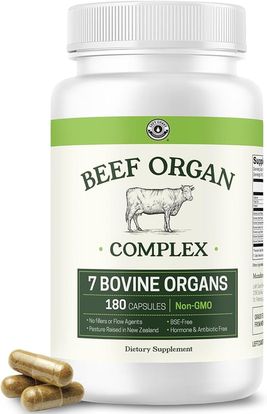 Beef Organ Supplement Grass Fed - 7 Beef Organs Complex from New Zealand - Liver Heart Pancreas Kidney Lung Spleen Bone Marrow - Non-GMO, No Fillers, Hormone & Antibiotic Free - Carnivore Diet - 180ct