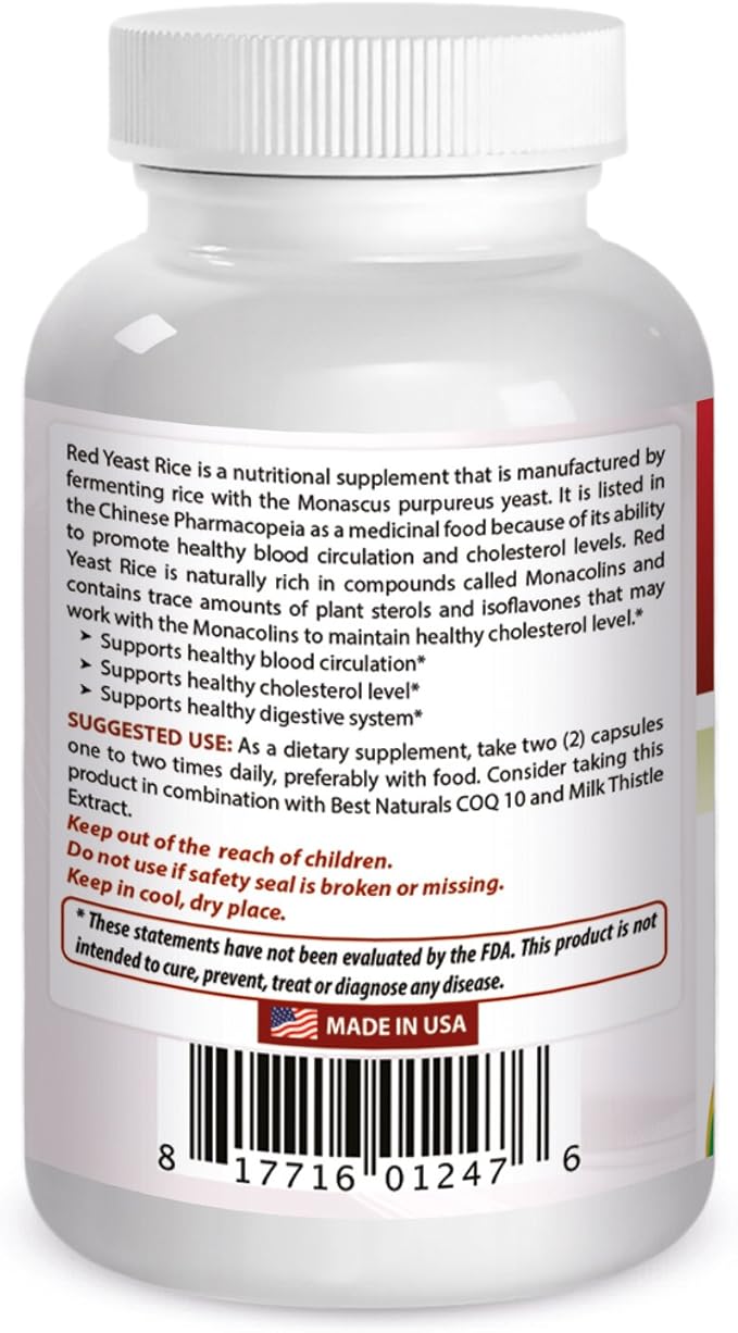Best Naturals, Red Yeast Rice, 600 mg capsules, 120 Capsules, 2 capsules per serving/1200mg per serving