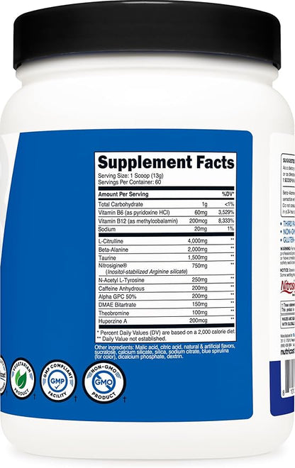 Nutricost Pre-Workout Complex Powder (60 Servings, Blue Raspberry) - Pre-Workout Supplement with Beta-Alanine, Taurine & Amino Acids