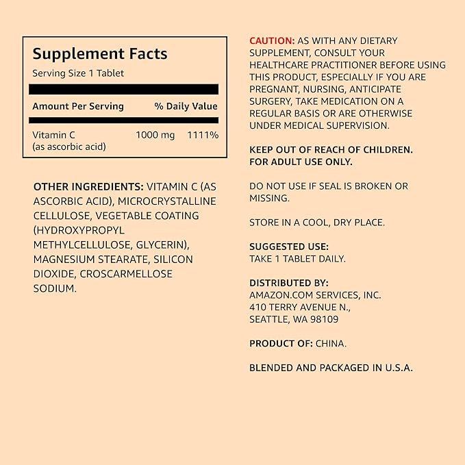 Amazon Elements Vitamin C 1000mg, Supports Healthy Immune System, Vegan, 300 Tablets, 10 month supply