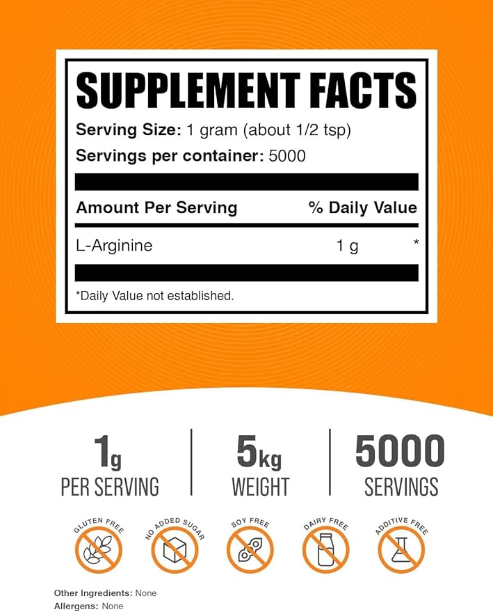 BulkSupplements.com L-Arginine Powder - Arginine Supplement, Nitric Oxide Supplement, Unflavored & Gluten Free, 1g per Serving, 1kg (Pack of 5) (11 lbs)