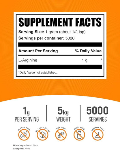BulkSupplements.com L-Arginine Powder - Arginine Supplement, Nitric Oxide Supplement, Unflavored & Gluten Free, 1g per Serving, 1kg (Pack of 5) (11 lbs)