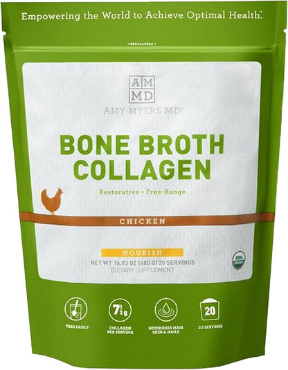 Amy Myers MD Bone Broth Collagen Powder - Type II Collagen Protein Powder from Organic Chicken Bone Broth - Supports Hair, Skin, Nails, Bones & Joints Health - Keto Friendly, 20 Servings (Chicken)