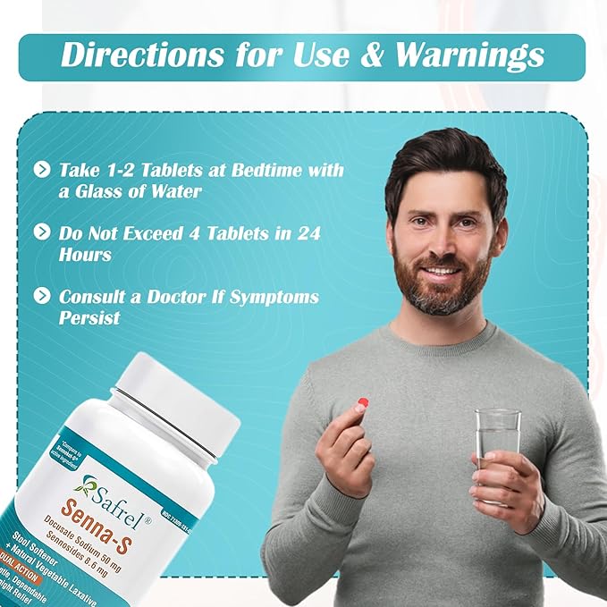 Safrel Senna-S (200 Tablets) Dual Action Natural Vegetable Laxative Stool Softener | Relieves Constipation, Gas, Bloating | Gentle on Stomach | Safe Digestive Support (Generic Senokot-S) | Value Pack