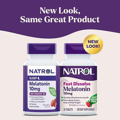 Natrol Fast Dissolve Melatonin 10 mg, Melatonin Supplements for Restful Sleep, Sleep Support for Adults, 30 Strawberry-Flavored Tablets, Up to a 30 Day Supply