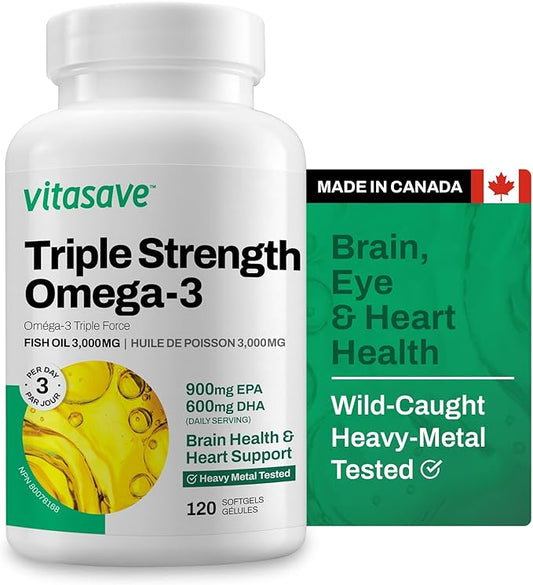 Triple Strength Fish Oil Omega 3 Supplements – High-Potency 3000mg with 900mg EPA + 600mg DHA - Burpless Fish Oil Capsules for Heart, Brain & Joint Health - Non-GMO, Gluten-Free-120 Softgels
