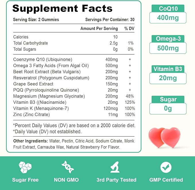 400MG CoQ10 Gummies with Omega-3, Vitamin B3 & Magnesium, Helps Support Hear-t Health, Cellular Energy & Antioxidant, Vegan, Gluten Free, 2 Months Supply