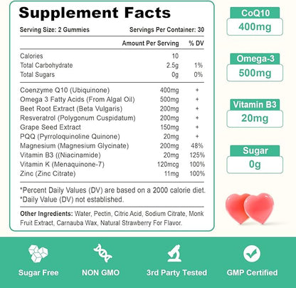 400MG CoQ10 Gummies with Omega-3, Vitamin B3 & Magnesium, Helps Support Hear-t Health, Cellular Energy & Antioxidant, Vegan, Gluten Free, 2 Months Supply