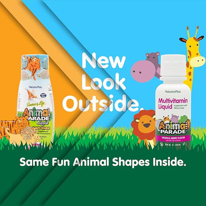Natures Plus Animal Parade Children's Liquid Multivitamin - Tropical Berry Flavor - 8 fl oz - Whole Food Supplement - Vegetarian, Gluten Free - 16 Servings