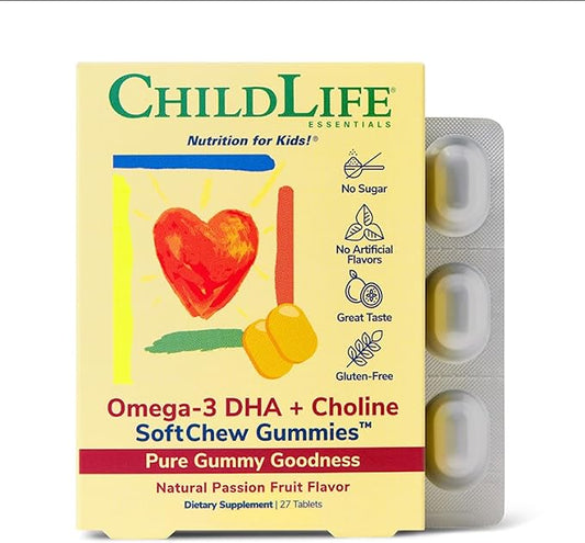 CHILDLIFE ESSENTIALS Omega-3 DHA + Choline SoftChew Gummies - for Kids, DHA for Kids, Omega 3 Gummies with Choline, Fish Oil for Babies, Toddlers & Children - Natural Passion Fruit, 27 Tablets