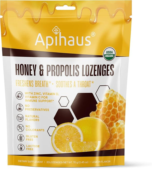 Honey and Propolis Lozenges Lemon Flavor, Freshens Breath - Soothes a Throat- Immune Support with Vitamin C, Vitamin D and Zinc, 20 Count
