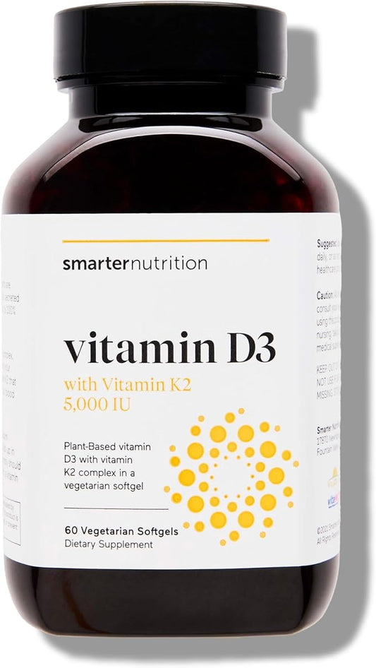 SMARTERNUTRITION Smarter Nutrition Vegan Vitamin D3 5000 IU + Natural Vitamin K2 1100 mcg in Organic Coconut & Olive Oil - D3 K2 Supplement for Immune & Bone Support - 60 Softgels[30 Day Supply]