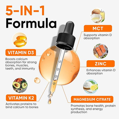 Venture Pal Vitamin D3 10000 iu Plus K2 (MK-7) 200 mcg Liquid Drops, Magnesium & Zinc MCT Oil | for Bone, Mood & Immune Health | High Absorption VIT K2 D3 Vitamin Supplement(Orange,2 Fl Oz)
