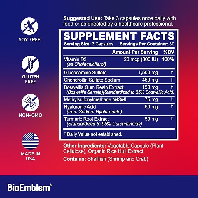 BioEmblem Joint Support - Glucosamine Chondroitin + MSM 1500 MG - with Boswellia, Turmeric & Hyaluronic Acid - Joint Health Supplement, Mobility, Flexibility, Cartilage - Non-GMO - 90 Caps