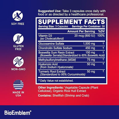 BioEmblem Joint Support - Glucosamine Chondroitin + MSM 1500 MG - with Boswellia, Turmeric & Hyaluronic Acid - Joint Health Supplement, Mobility, Flexibility, Cartilage - Non-GMO - 90 Caps