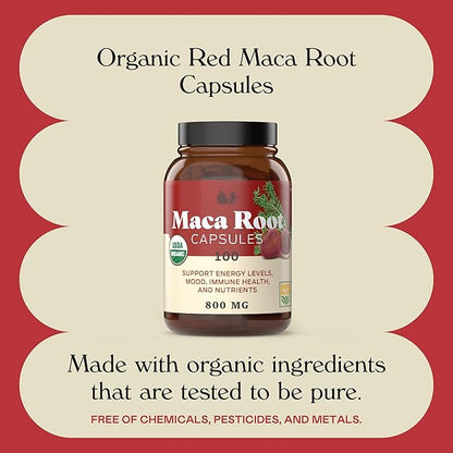 Organic Red Maca Root Capsules - 800mg 100 Gelatinized Pills, Pure Red Raw Maca Root Powder Supplement
