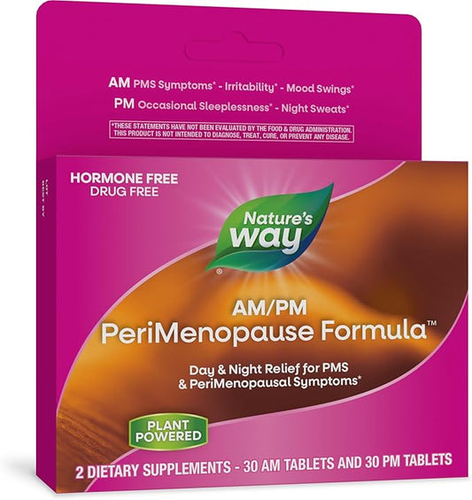 Nature's Way AM/PM PeriMenopause Formula, Perimenopause and PMS Symptom Support*, Hormone-Free, Hot Flashes*, PMS Symptoms*, Restful Sleep*, 30 AM & 30 PM Tablets (Packaging May Vary)