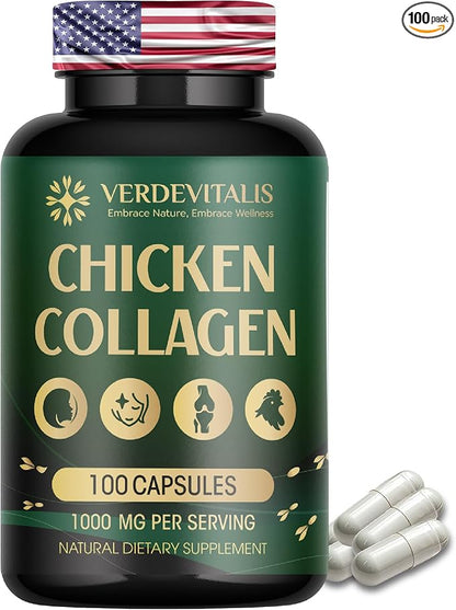 Chicken Collagen Capsules - Type II Collagen Nutritional Supplement for Joint, Skin & Bone Support-Non-GMO, Anti-Aging Supplements with Hydrolyzed Collagen Peptides - 100 Capsules