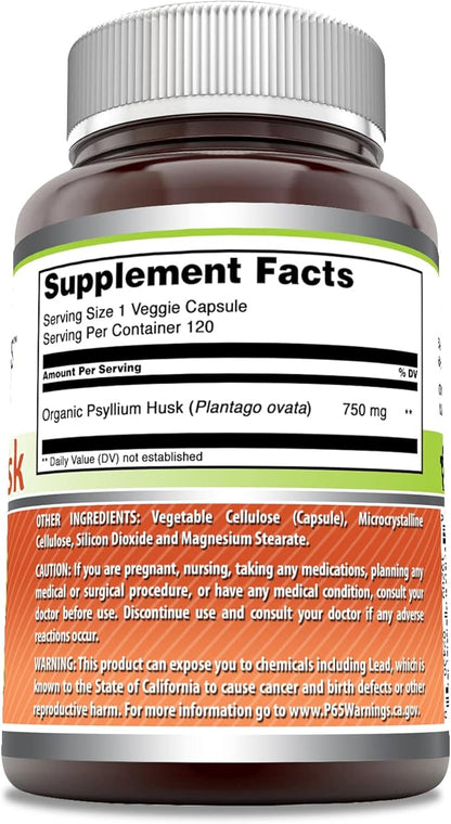 Amazing Formulas Psyllium Husk 750mg Veggie Capsules Supplement | Non-GMO | Gluten Free | Made in USA | Suitable for Vegetarians (120 Count)
