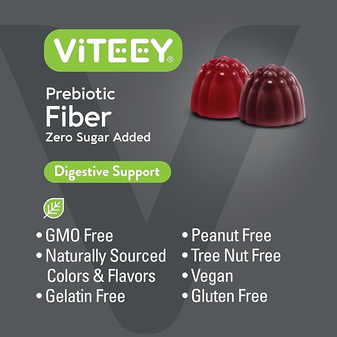 VITEEY Prebiotic Fiber Gummies for Adults, 4g - Zero Sugar Added - Fiber Supplement for Digestive Health Regularity & Natural Weight Support-Vegan, Gelatin Free - Chewable Fruit Flavored Gummy 2 Pack