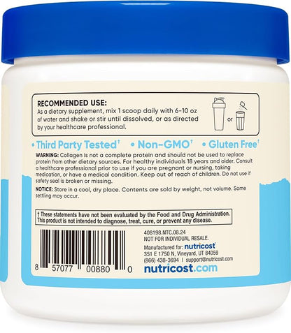 Nutricost Collagen Peptides Powder 4 oz (Unflavored) Type I, Type III Collagen - Grass-Fed, Gluten Free and Non-GMO