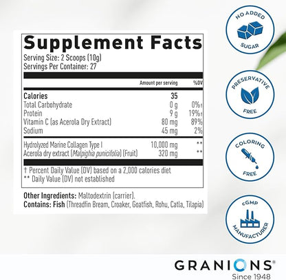 Marine Collagen Powder Supplement - 10g Type I Hydrolyzed Collagen Peptides with Natural Acerola Vitamin C Antioxidant- Pro-Aging Hair, Skin and Nails Vitamins for Women Supplements - 9.8oz