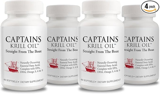 Captains Pure Antarctic Krill Oil Softgels | Omega 3 EPA, DHA with Astaxanthin & Phospholipids| No Additives or Chemicals | 1000mg per Serving, 60 Capsules, 4-Pack