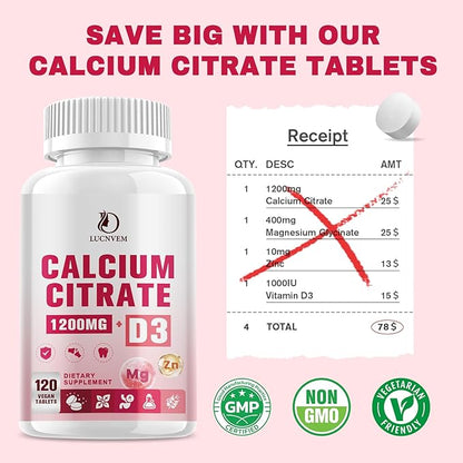 Calcium Citrate 1200 mg with Vitamin D3 Supplement for Women & Men, Calcium Magnesium Zinc D3 for Bone Muscle & Teeth Health - 120 Count - 60 Day Vegan Supply