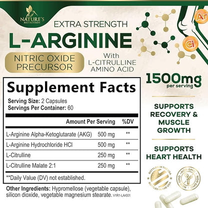 L-Arginine Supplement 1000mg - Heart Health Support - Premium Muscle Supporting Nitric Oxide Precursor Booster for Extra Strength - Gluten Free, Amino Acid Energy Blend For Men - 120 Capsules