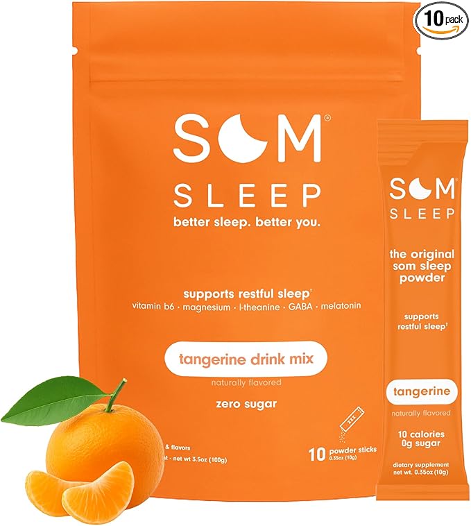 Som Sleep, Calm Sleep Aid Powder Drink Mix w/Magnesium, Melatonin 3mg, Vitamin B6, L-Theanine & GABA – Vegan, Zero Sugar – Tangerine, 10-Pack