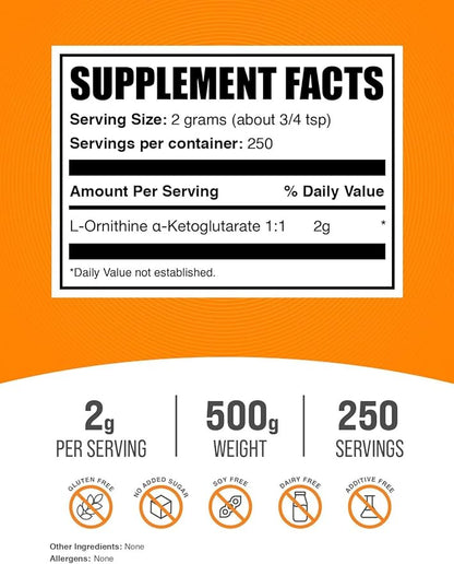 BulkSupplements.com L-Ornithine Alpha-Ketoglutarate Powder - OKG Supplement, Nitric Oxide Supplement, Ornithine Supplement - Gluten Free, 2000mg per Serving, 500g (1.1 lbs) (Pack of 1)