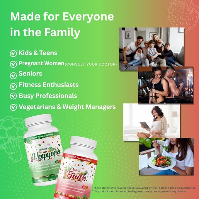 Whole Food Fruits & Vegetables Supplement – Superfood Blend for Energy, Digestion & Immune Support – 90 Fruit & 90 Veggie Capsules – Made in USA