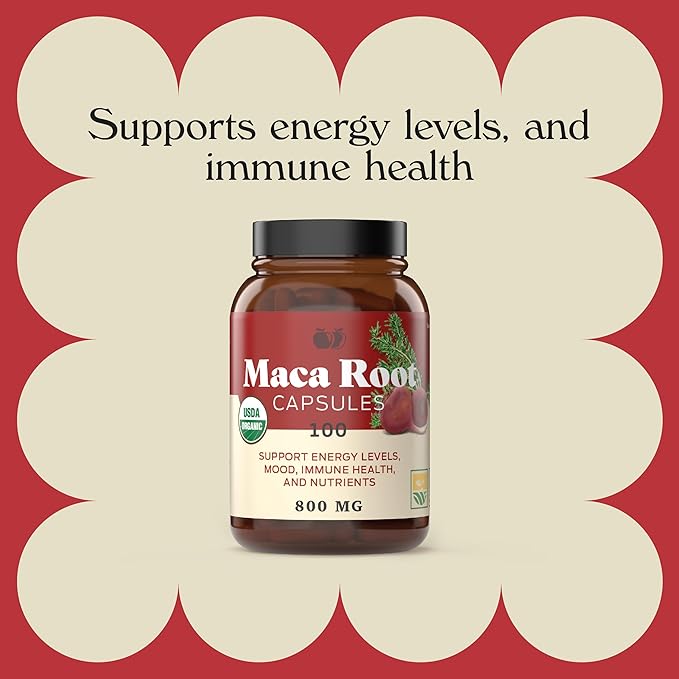 Organic Red Maca Root Capsules - 800mg 100 Gelatinized Pills, Pure Red Raw Maca Root Powder Supplement