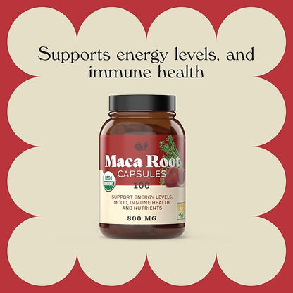 Organic Red Maca Root Capsules - 800mg 100 Gelatinized Pills, Pure Red Raw Maca Root Powder Supplement