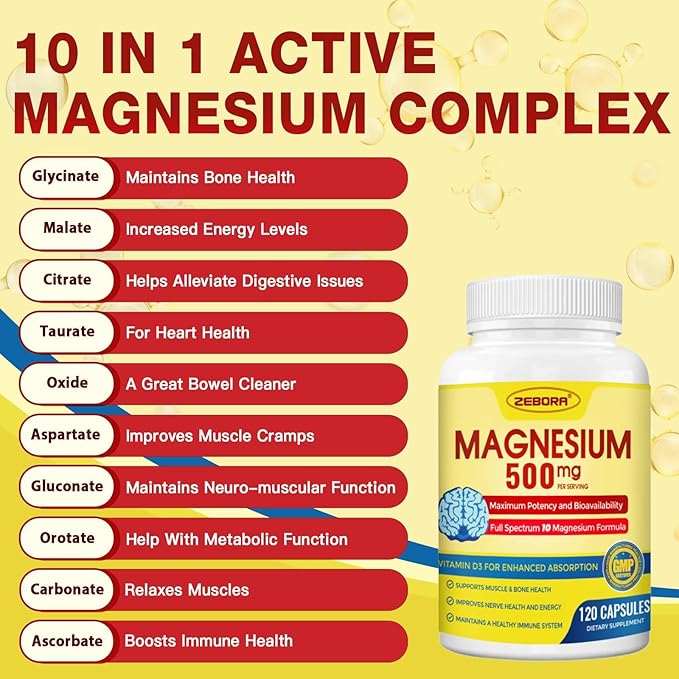 10-in-1 Magnesium Complex Supplement, Magnesium Glycinate 500mg with Citrate & Malate, Chelated High Absorption Plus Vitamin D3 & Zinc - for Nerve, Muscle & Bone Support - 120 Capsules